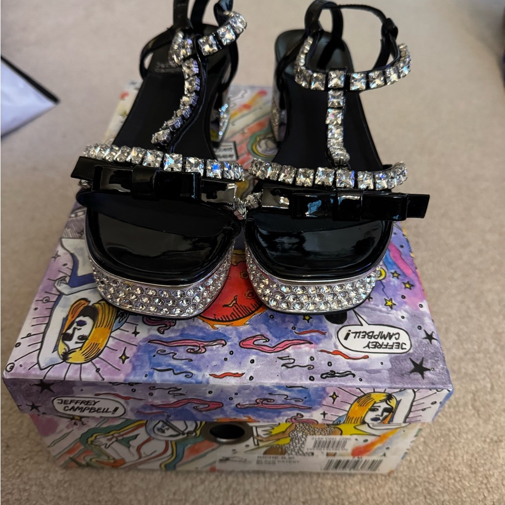 Jeffrey Campbell Black Sandals with Silver Rhinestones